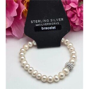 Belk Silverworks Sterling Silver Cultured Pearl Bracelet White Pearl Stretch 6.5
